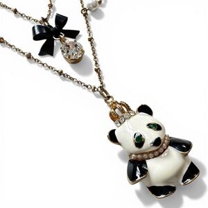 Betsey Johnson Panda Double Strand Necklace HTF Crown Bow Rhinestone